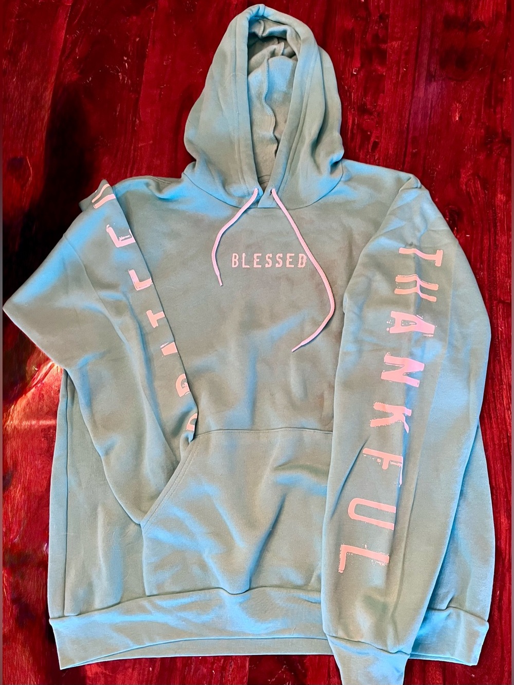 Blessed "Thankful Grateful”Hoodie in Dusty Teal with White Lettering Sz L NWOT